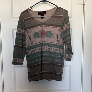 Cowgirl Legend Aztec Patterned Long Sleeve Top - Green and Brown Size M
